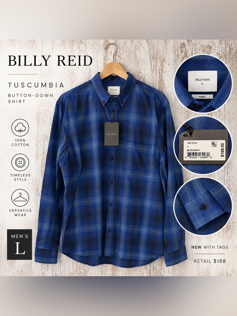Billy Reid Tuscumbia Blue Navy Plaid Button Down Shirt Men’s L 100% Cotton